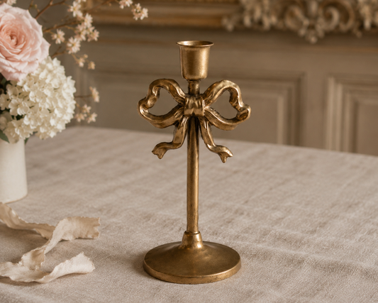 Antique Gold Metal Bow Candlestick